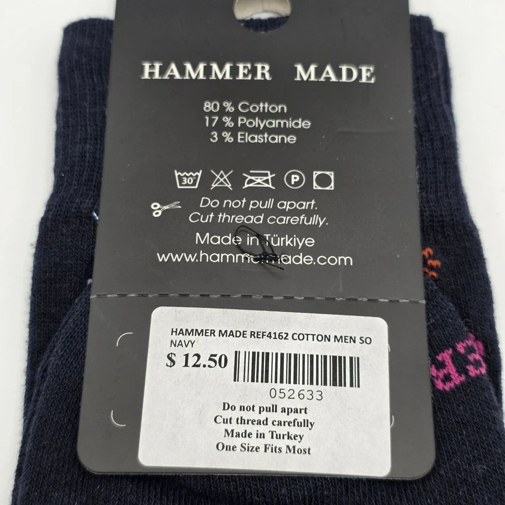Hammer Made Men's Crew Socks Festive Pattern Navy Blue Cotton‎ Blend New